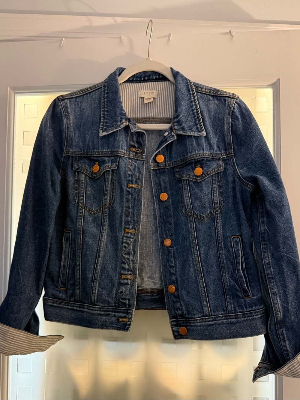 J Crew Factory Denim Jacket with blue striped lining